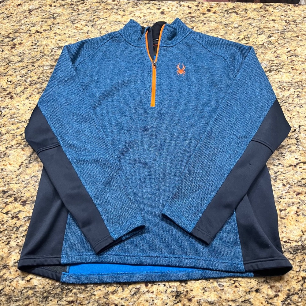 Spyder Mens XXL Quarter Zip Pullover Blue Black Sweater Knit Fleece Activewear